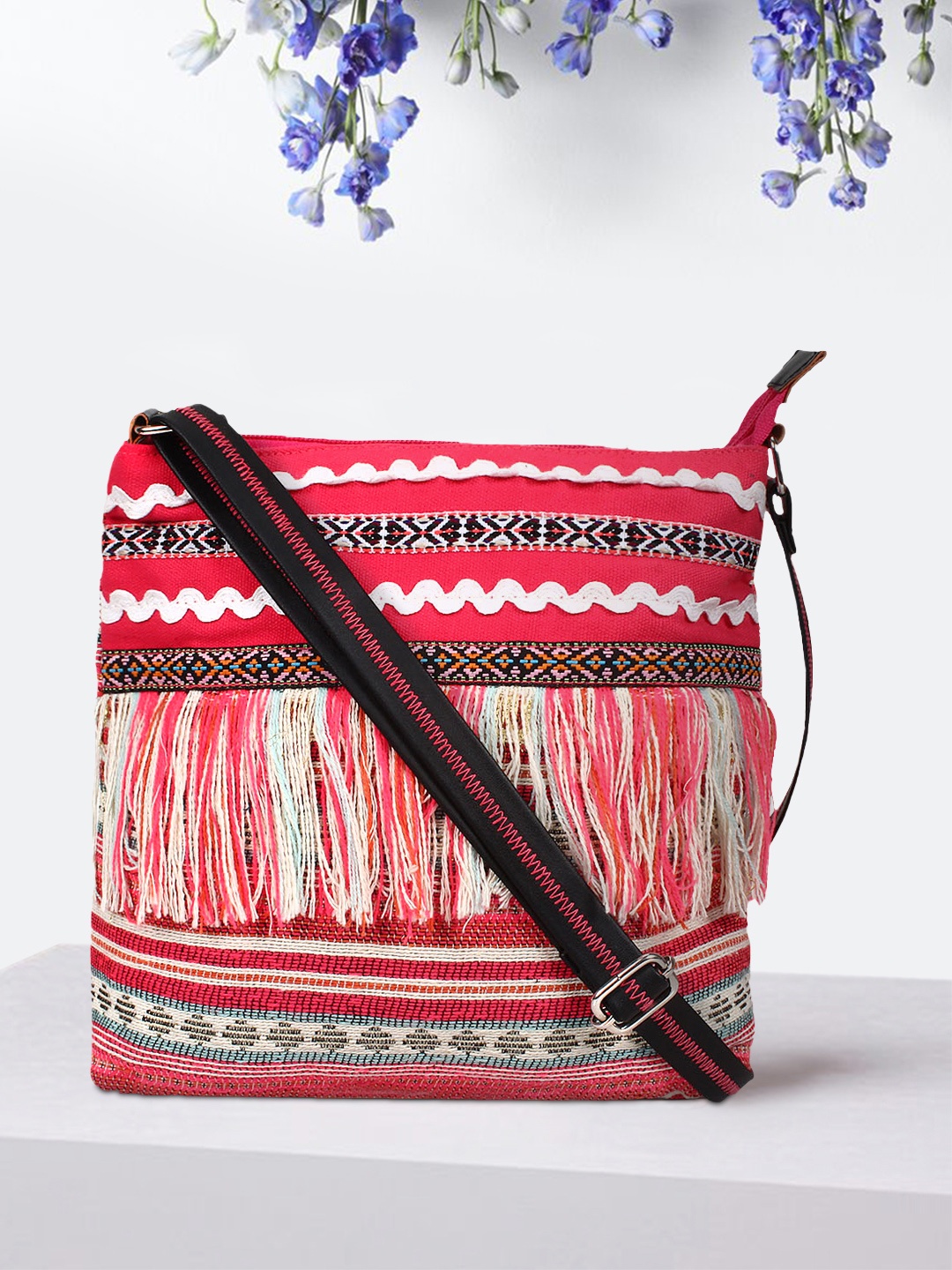 

Anekaant Pink & Off-White Self Design Sling Bag