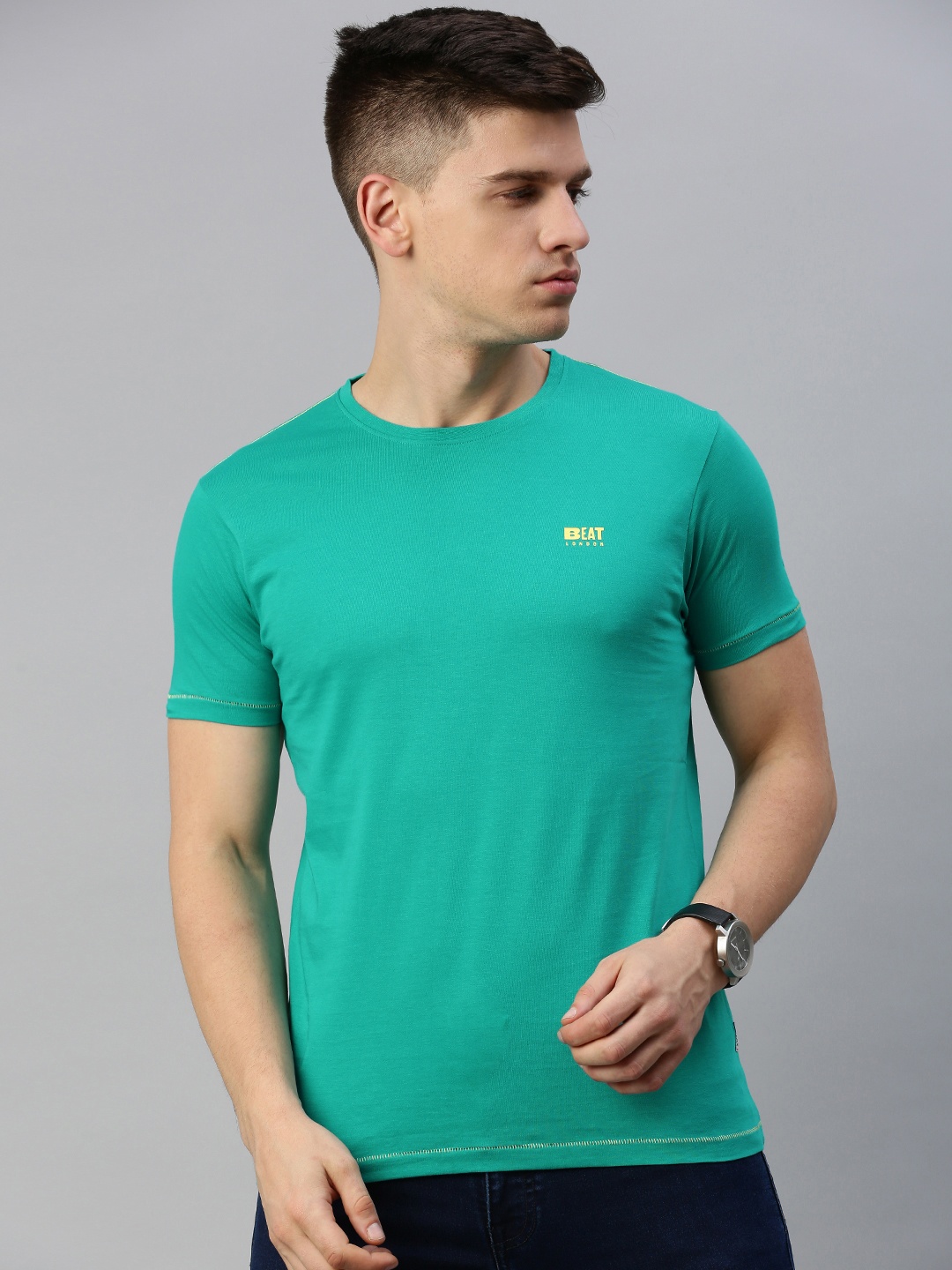 

BEAT LONDON by PEPE JEANS Men Green Solid Slim Fit Round Neck Pure Cotton T-shirt