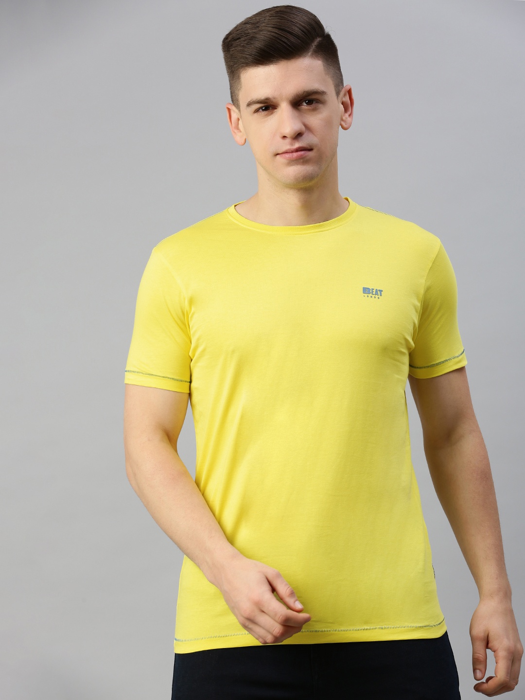 

BEAT LONDON by PEPE JEANS Men Yellow Solid Round Neck Pure Cotton T-shirt