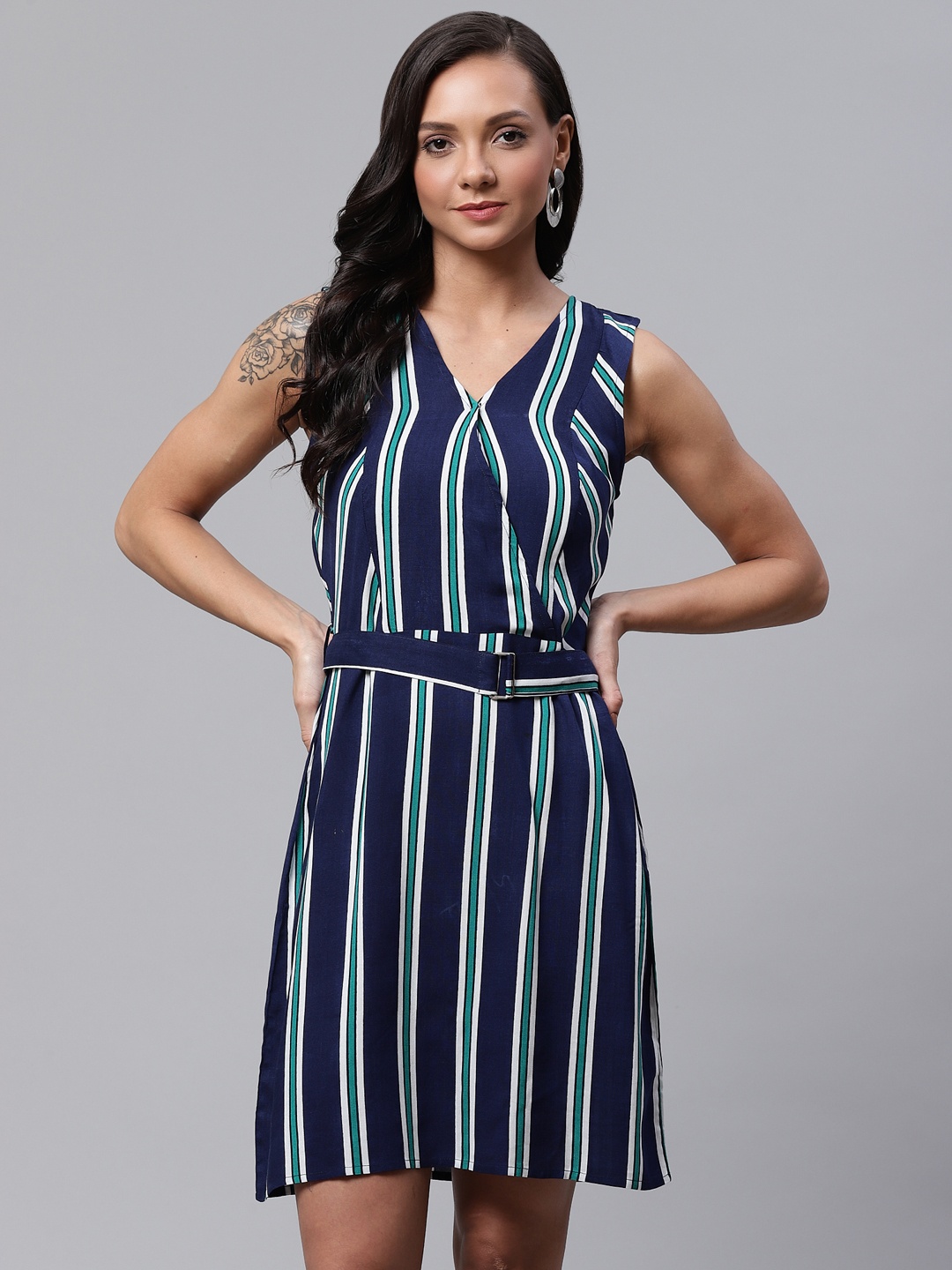 

ATRAENTA Women Blue & White Striped A-Line Dress