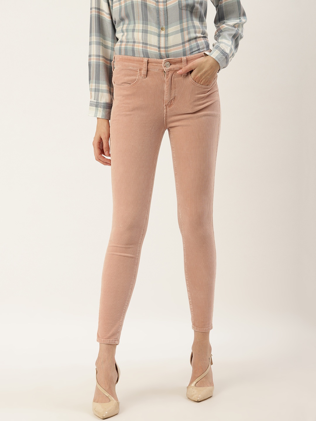 

AMERICAN EAGLE OUTFITTERS Women Pink Ribbed Regular Corduroy Trousers