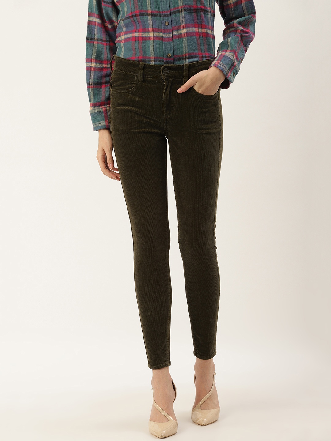 

AMERICAN EAGLE OUTFITTERS Women Olive Green Ribbed Regular Corduroy Trousers