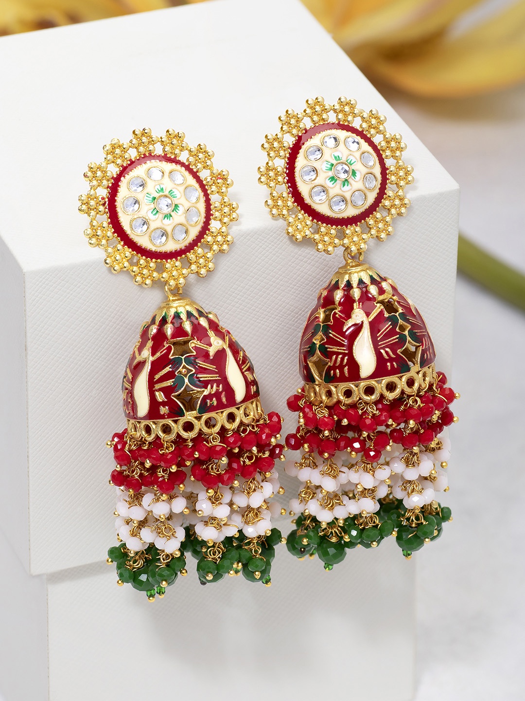 

Peora Red & Green Gold-Plated Meenakari Tasselled Dome Shaped Jhumkas