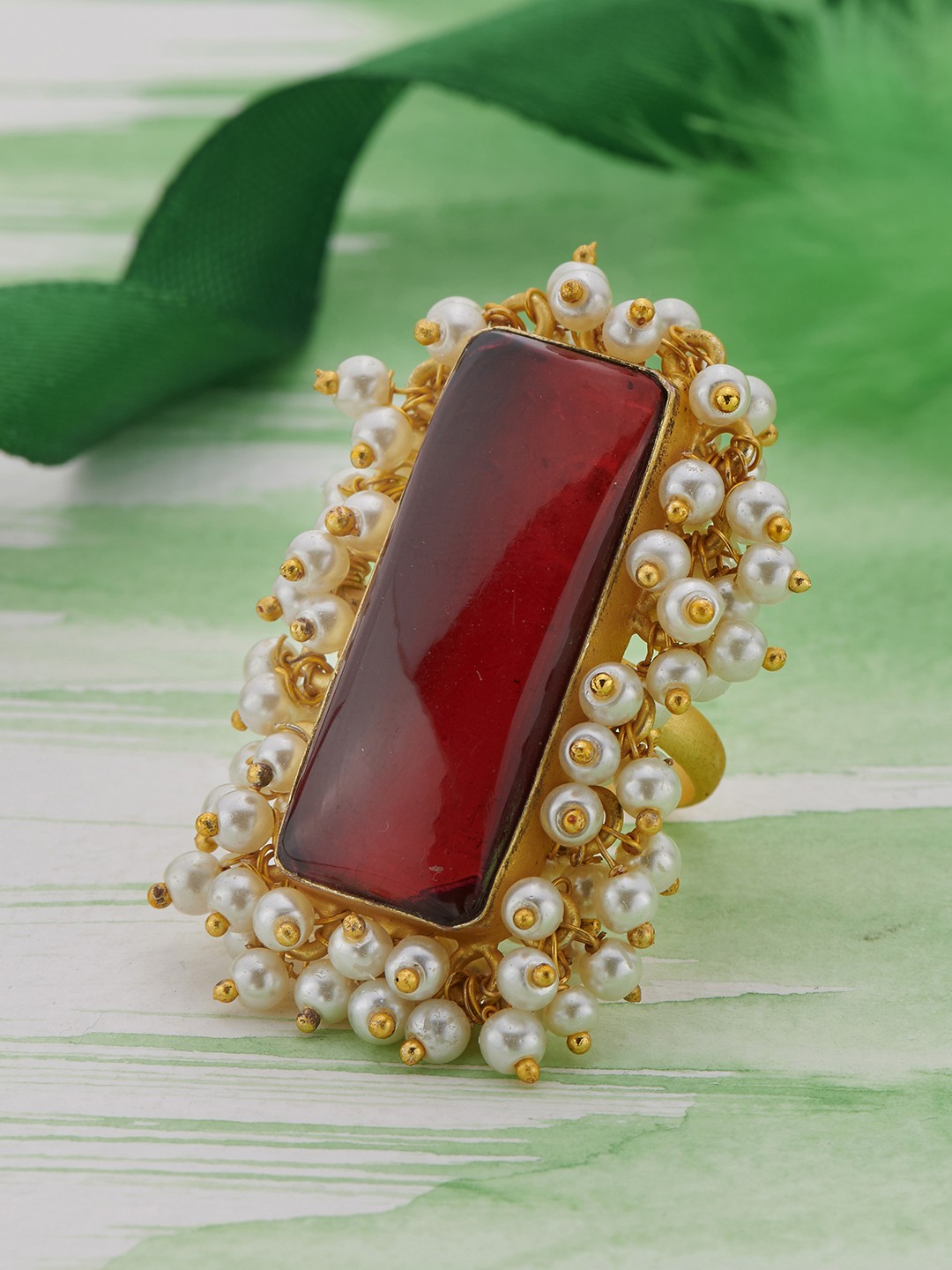 

Peora Red & White Gold-Plated Rectangular Studded Adjustable Finger Ring