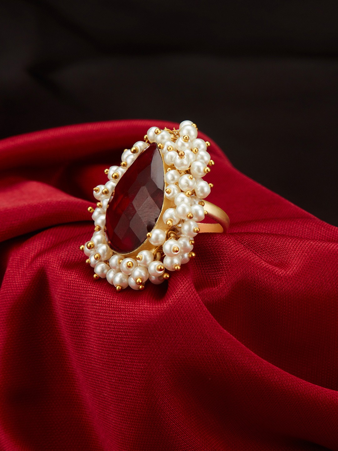 

Peora Red & White Gold-Plated Tear-Drop Shaped Studded Adjustable Finger Ring