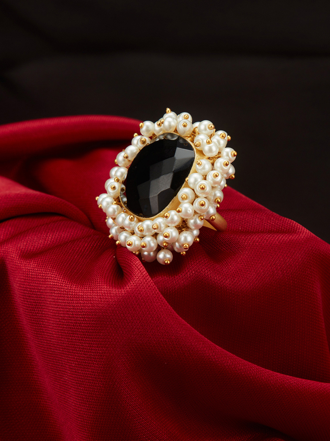 

Peora Black & White Gold-Plated Square Studded Adjustable Finger Ring