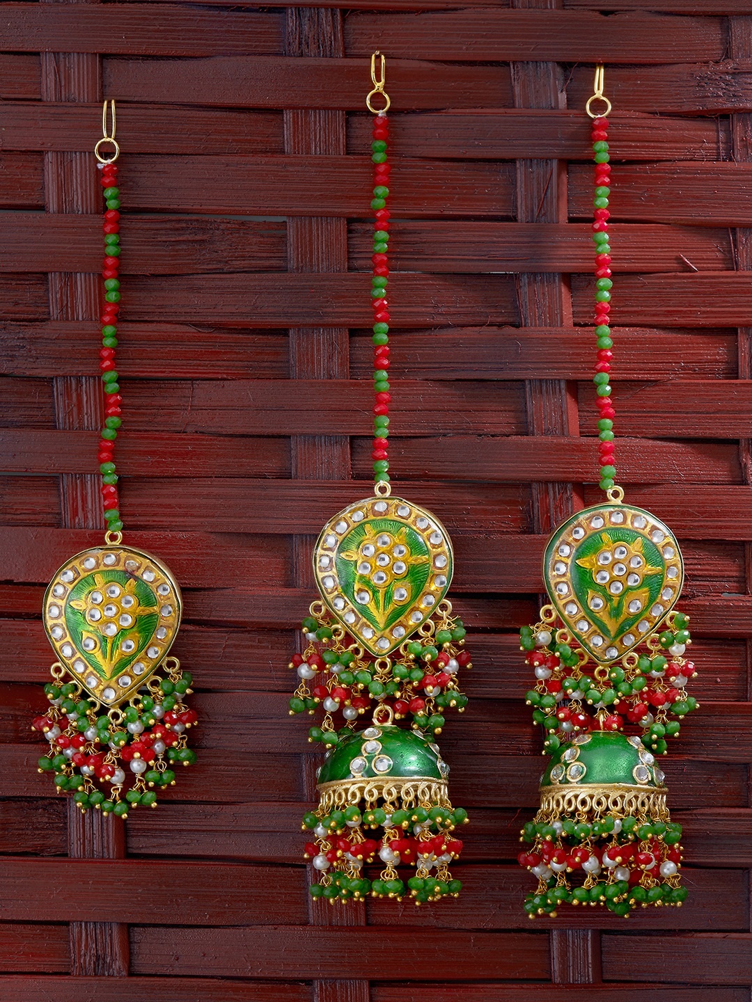 

Peora Green & Red Gold-Plated Enamelled Jewellery Set