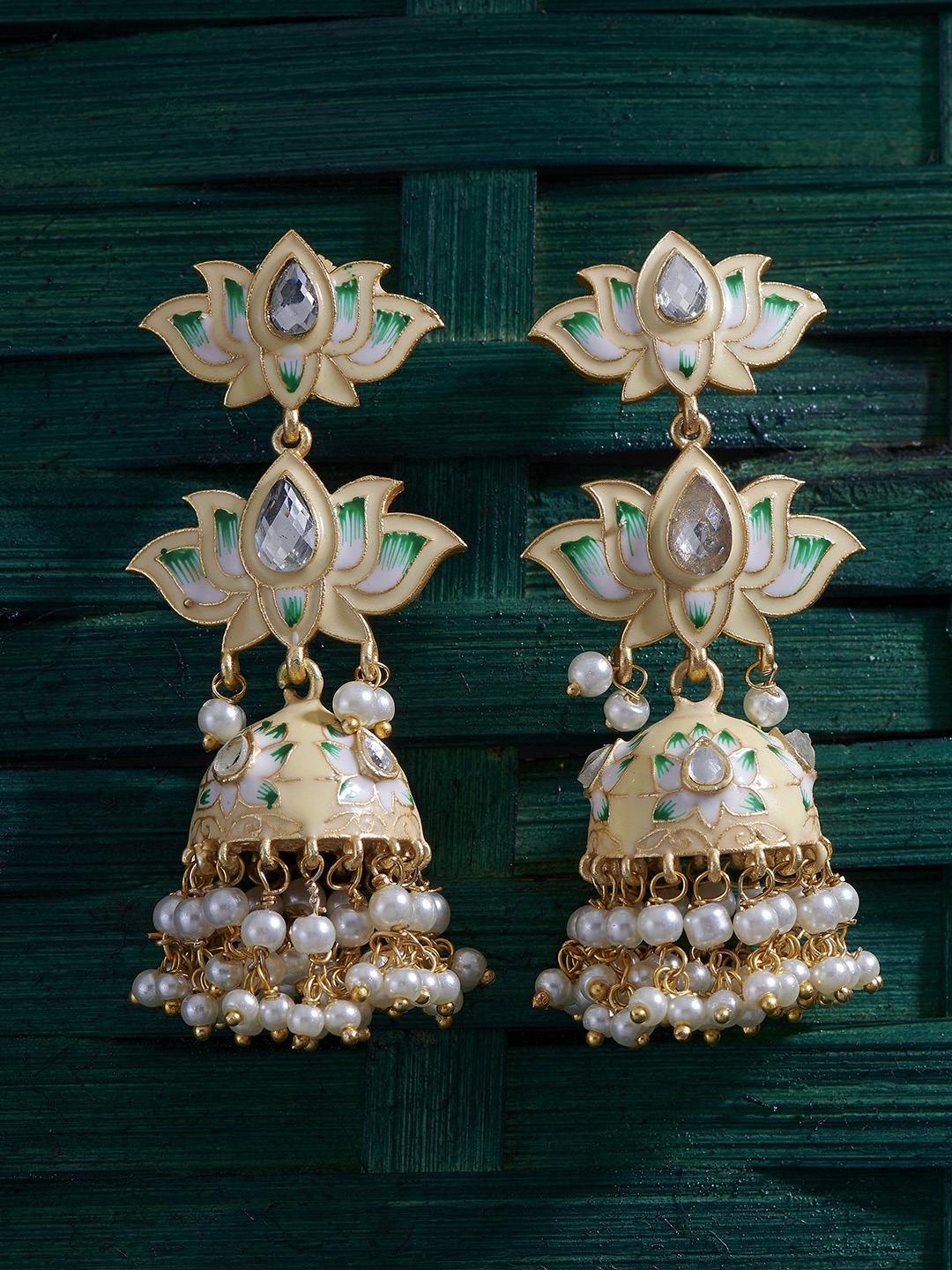 

Peora Cream-Coloured Gold-Plated Enamelled Meenakari Dome Shaped Jhumkas