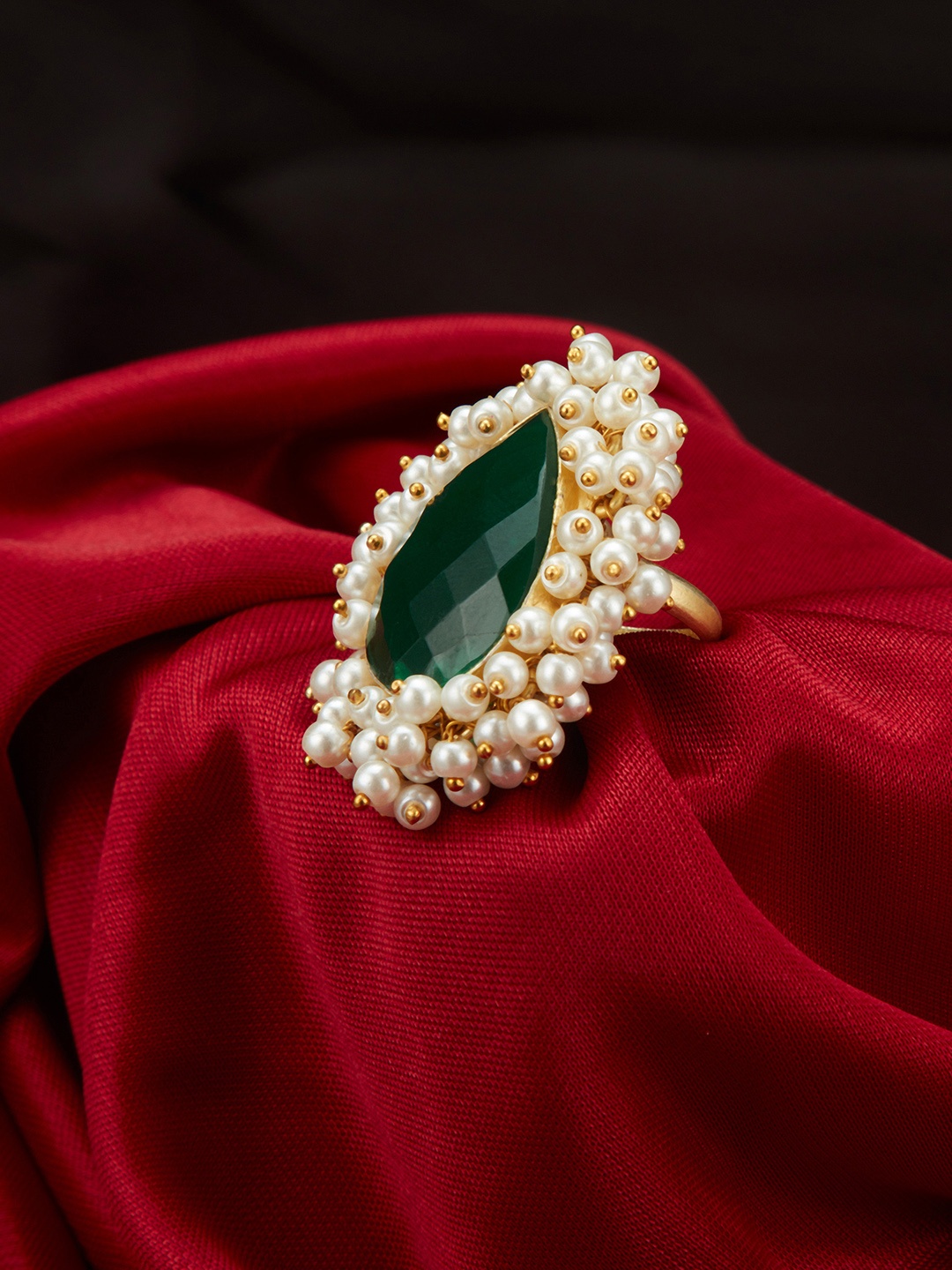 

Peora Green & White Gold-Plated Tear-Drop Shaped Studded Adjustable Finger Ring