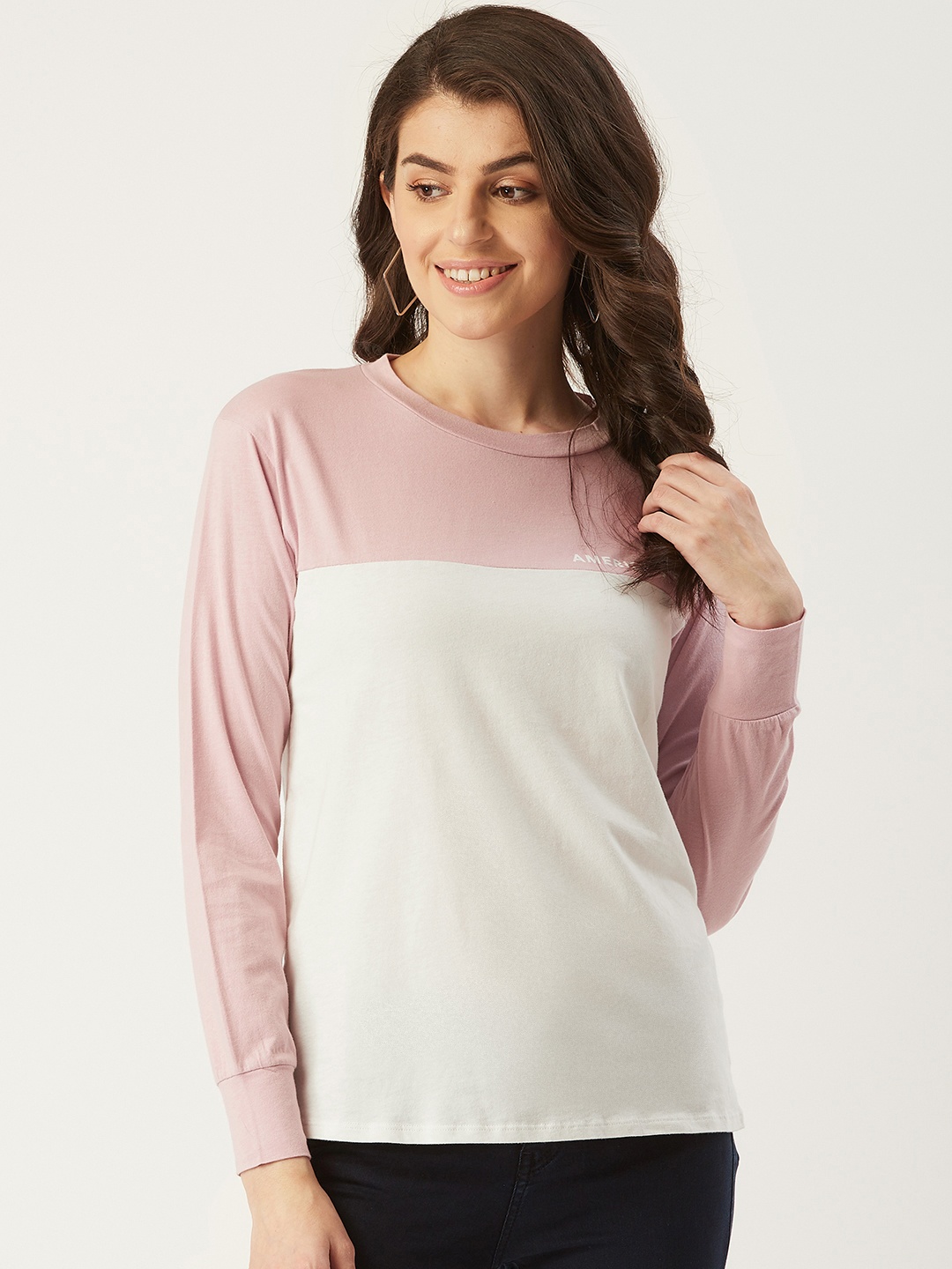 

AMERICAN EAGLE OUTFITTERS Women White & Pink Colourblocked Round Neck T-shirt