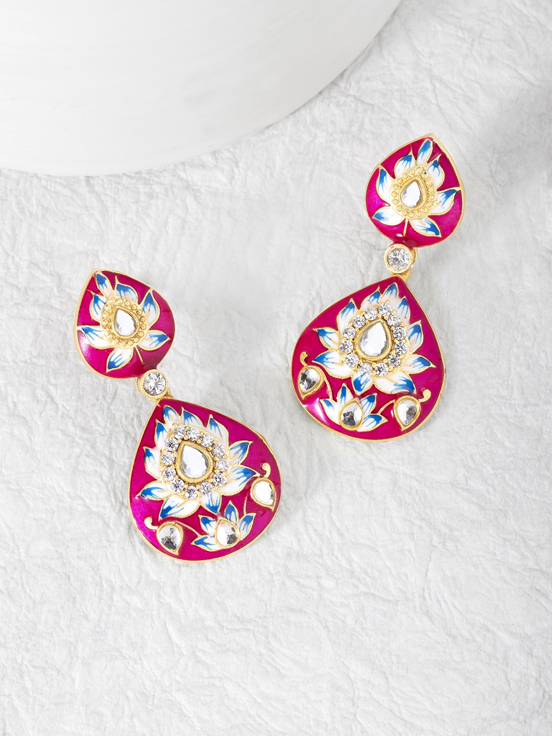 

Peora Pink Gold-Plated Meenakari Enamelled Handcrafted Teardrop Shaped Drop Earrings