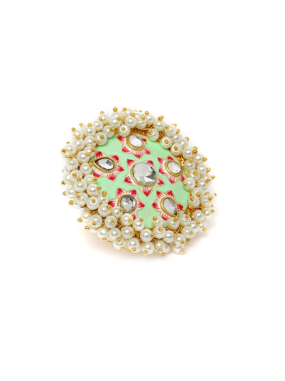 

Peora Green Gold-Plated Enamelled Meenakari Handcrafted Pearl Adjustable Finger Ring