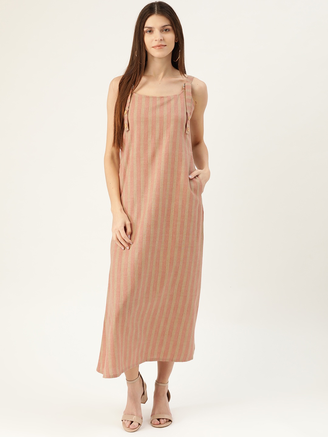 

shiloh Women Pink & Beige Striped Pinafore Dress