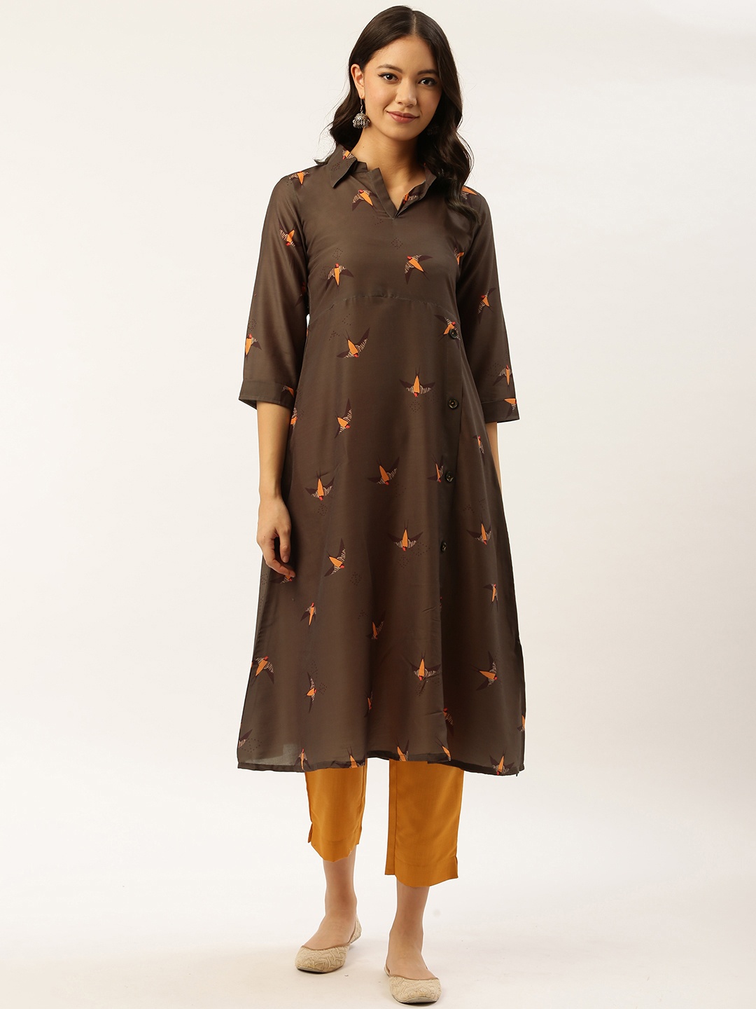 

shiloh Women Brown & Mustard Yellow Birds Printed Kurta with Trousers