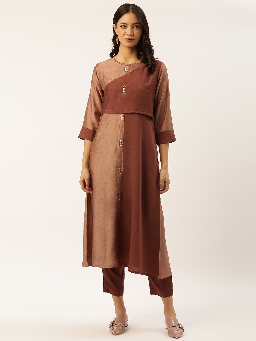 

shiloh Women Brown & Mauve Colourblocked Kurta with Trousers