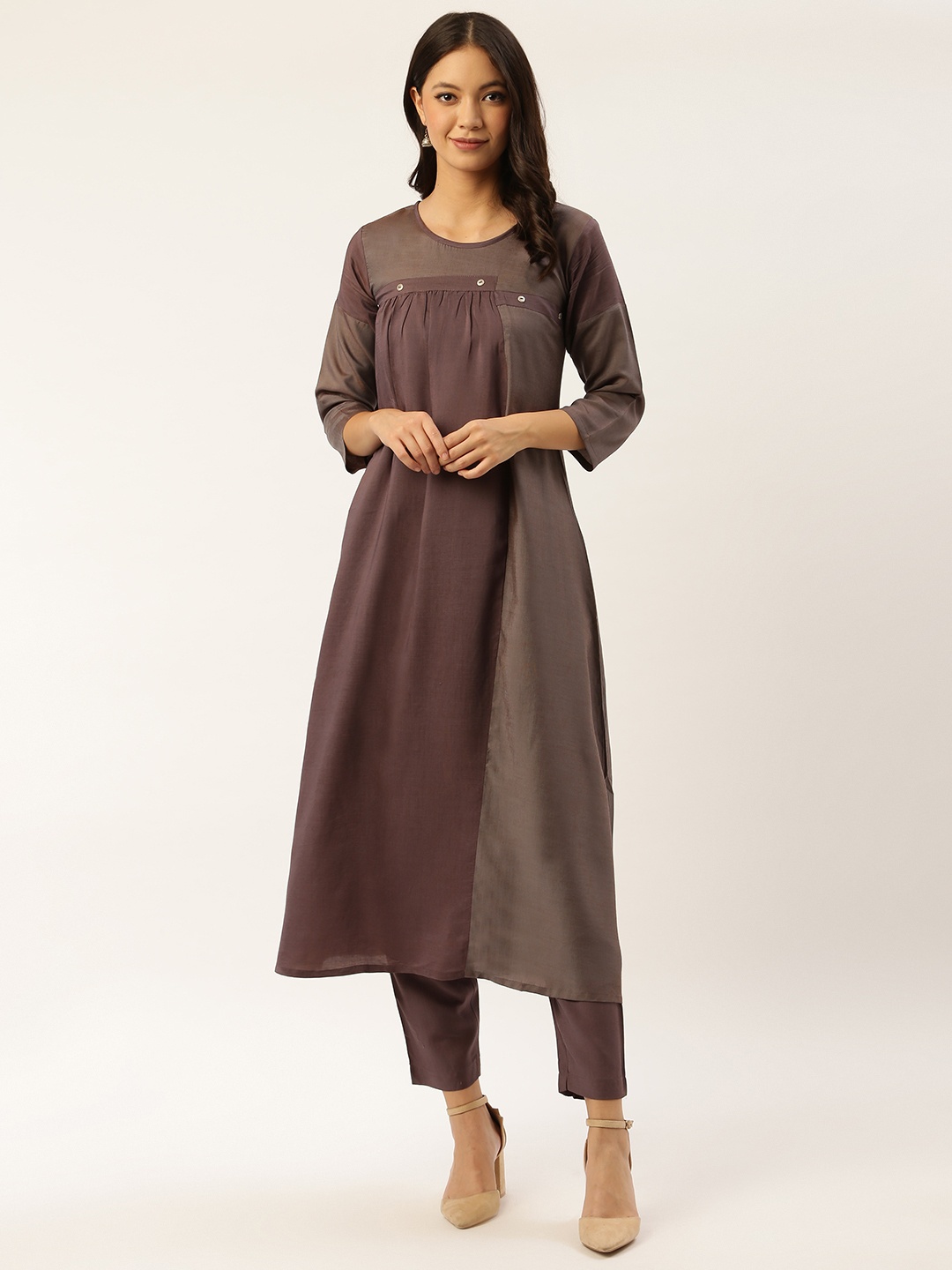 

shiloh Women Burgundy & Taupe Colourblocked Kurta with Trousers