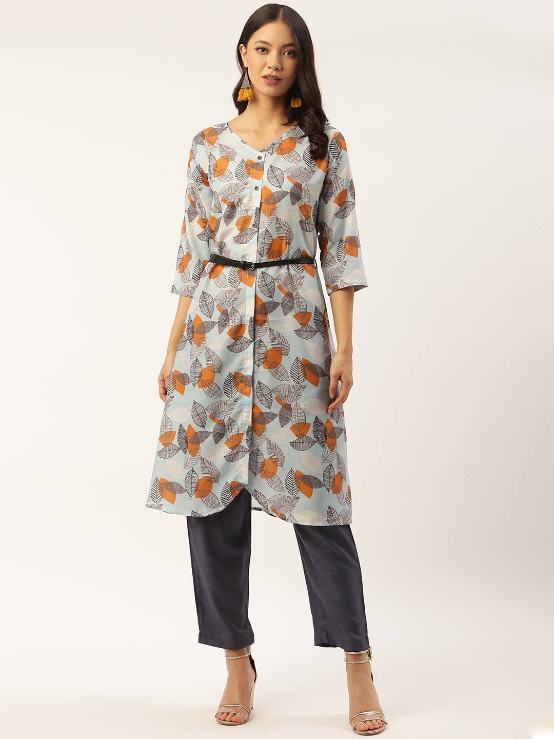 

shiloh Women Blue & Orange Printed Kurta with Trousers