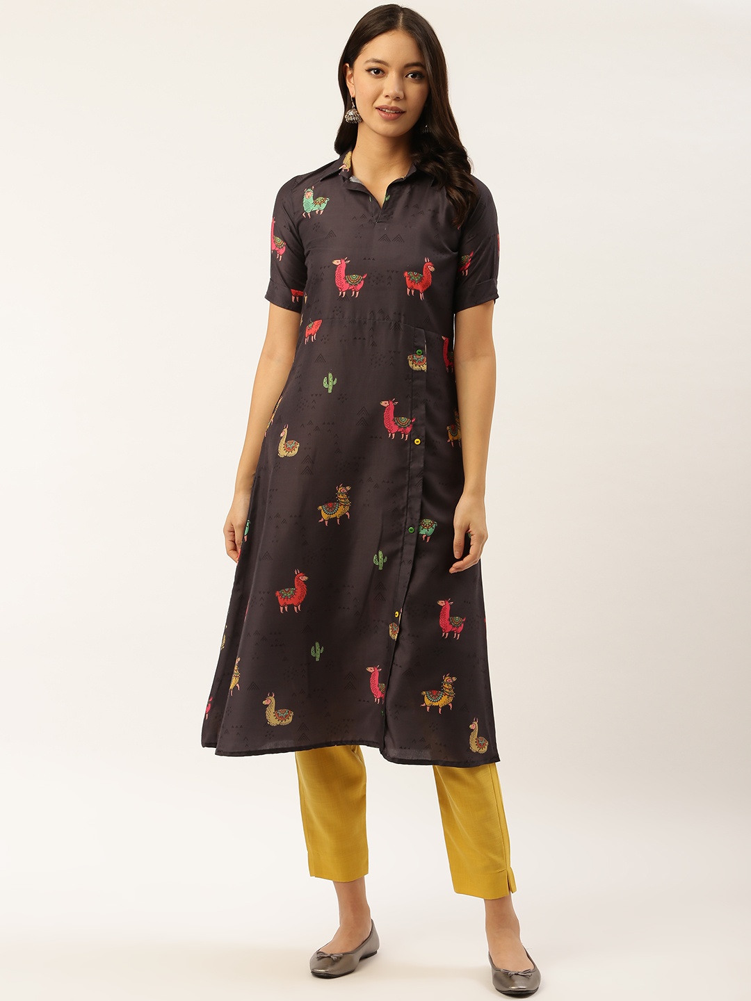 

shiloh Women Charcoal Grey Printed Kurta with Trousers