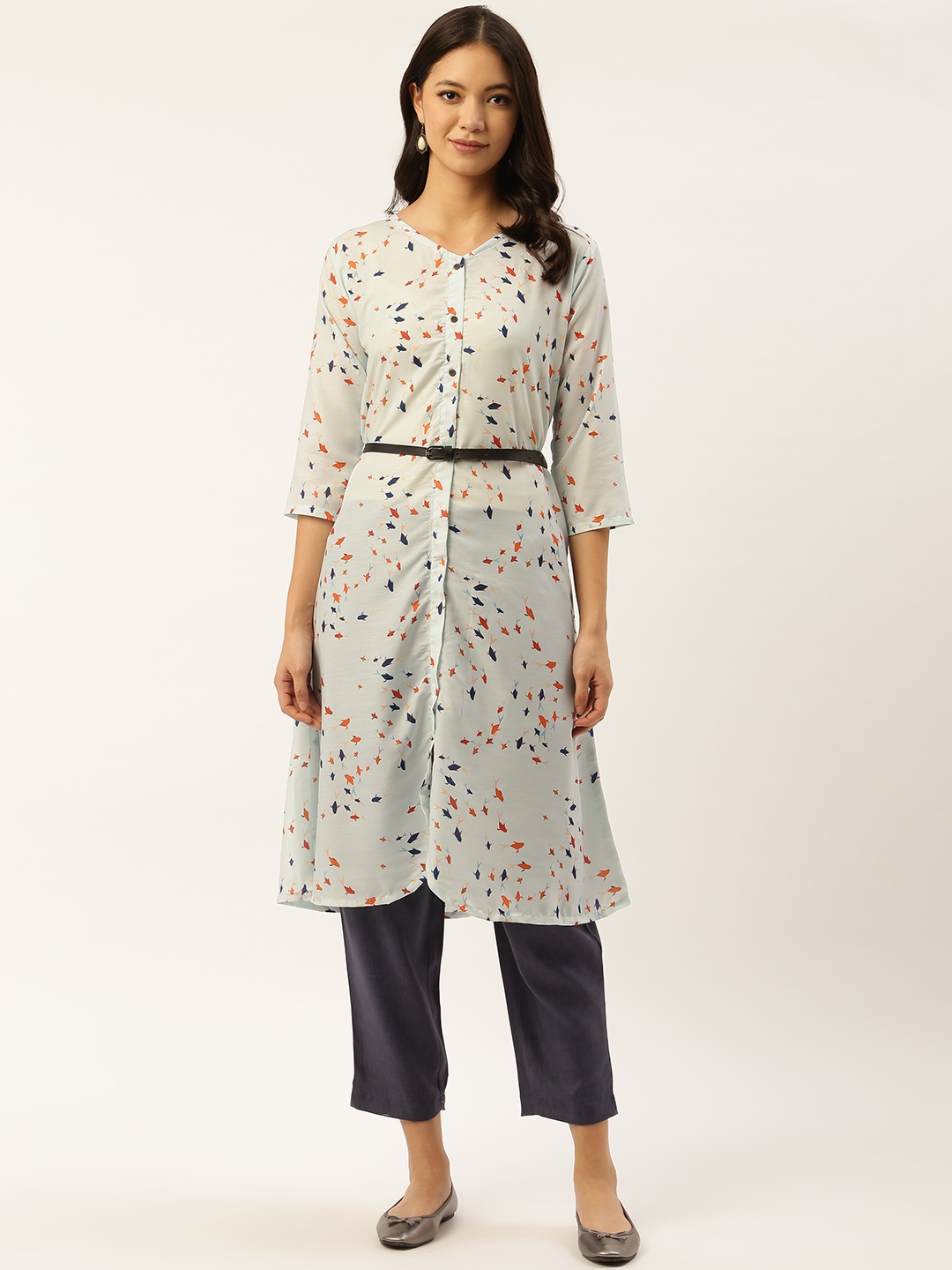 

shiloh Women Off-White & Orange Printed Kurta with Trousers