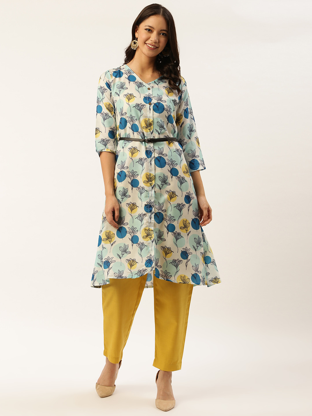 

shiloh Women Off-White & Yellow Floral Print Kurta with Trousers