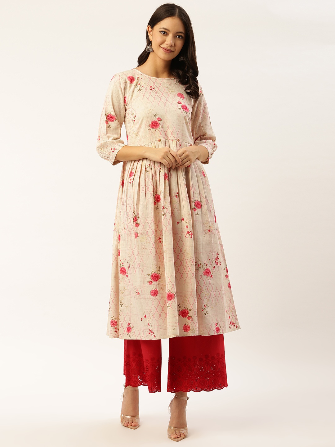 

shiloh Women Off-White & Pink Floral Printed A-Line Kurta