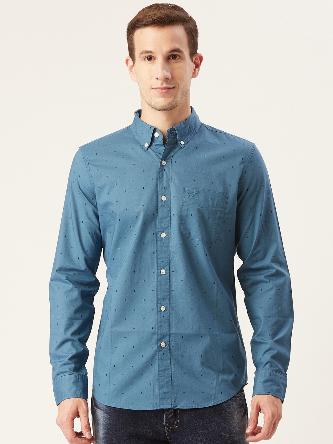 

AMERICAN EAGLE OUTFITTERS Men Teal Blue Slim Fit Micro Ditsy Printed Casual Shirt