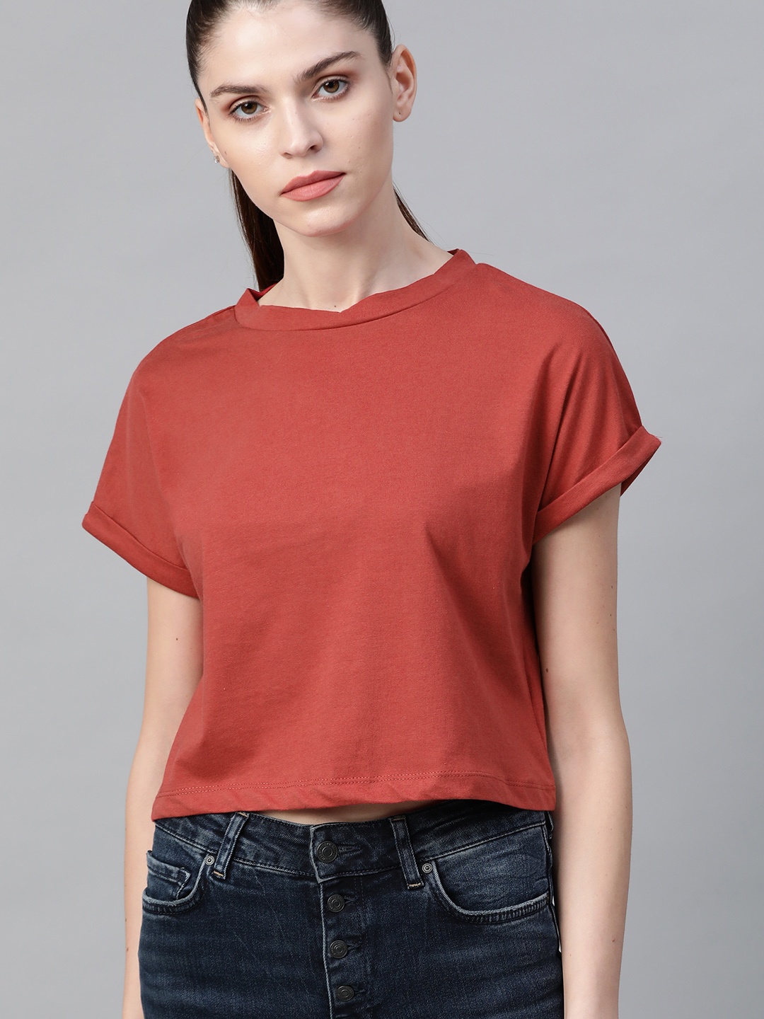 

Roadster Women Solid Extended Sleeves Pure Cotton Cropped T-shirt, Red