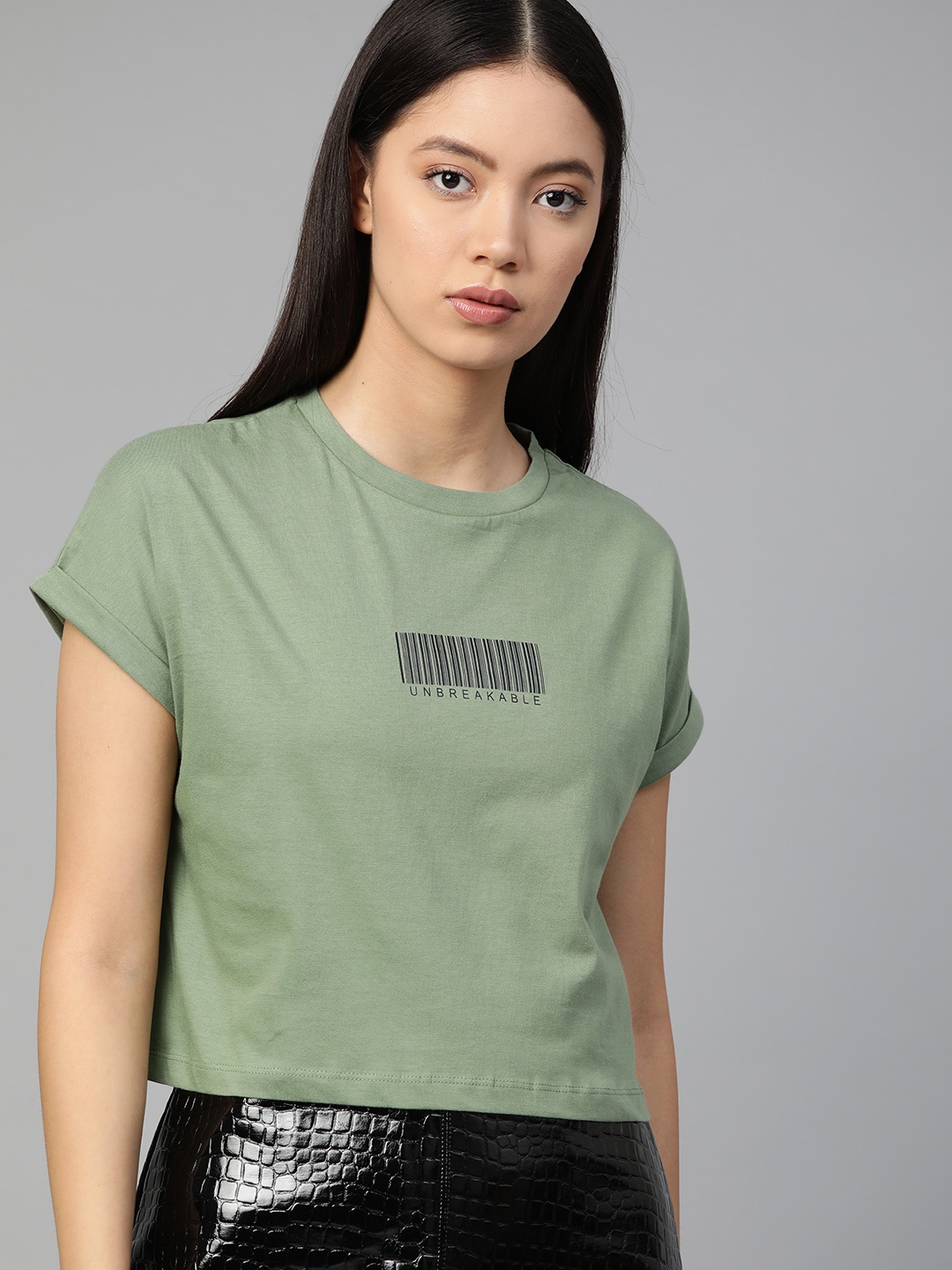 

Roadster Olive Green Round Neck Boxy Cropped Top