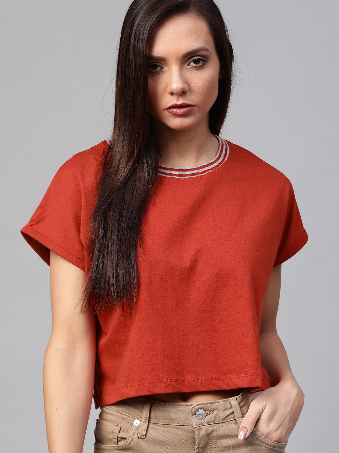 

Roadster The Lifestyle Co. Boxy Fit Pure Cotton Cropped T-shirt, Rust