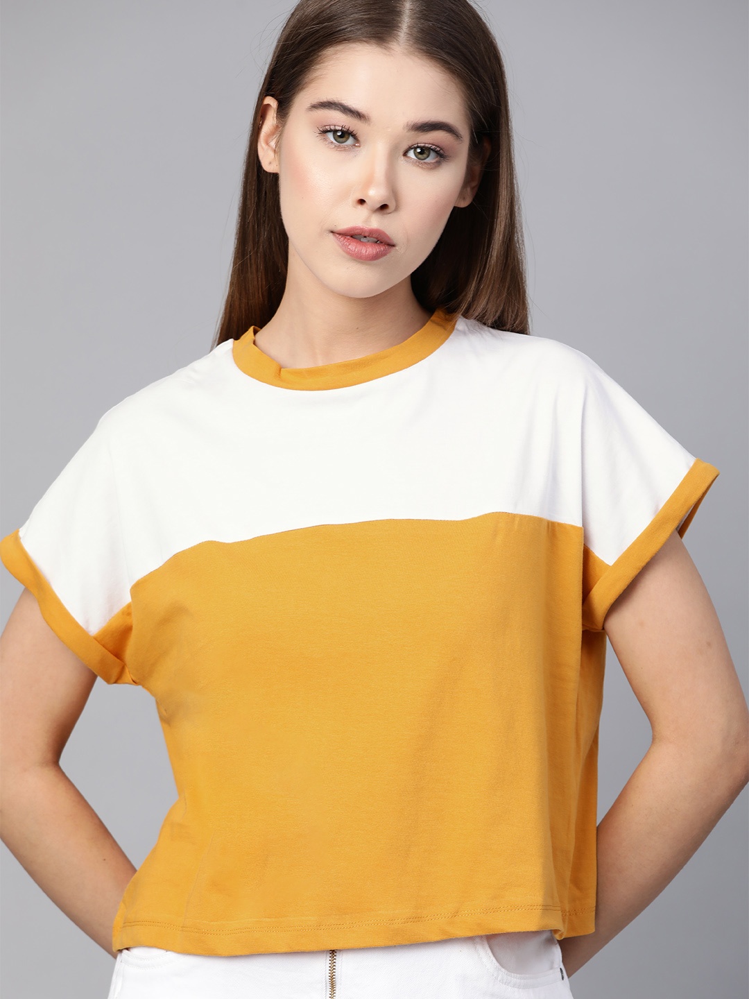 

Roadster Women Mustard Yellow White Colourblocked Round Neck Crop Pure Cotton T-shirt