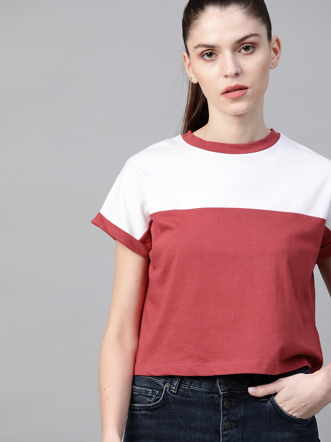 

Roadster Women Dusty Pink White Colourblocked Round Neck Crop Pure Cotton T-shirt