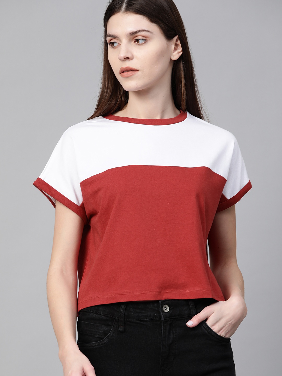 

Roadster Women Rust Red White Colourblocked Round Neck Crop Pure Cotton T-shirt