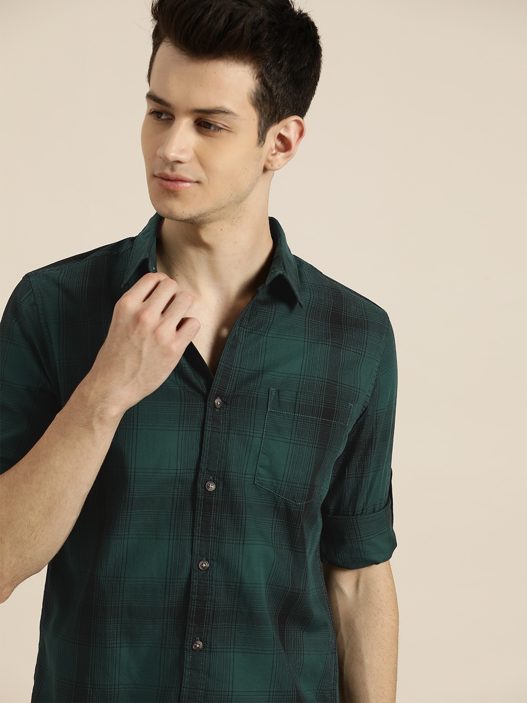 

Moda Rapido Men Teal Green & Black Slim Fit Checked Casual Shirt