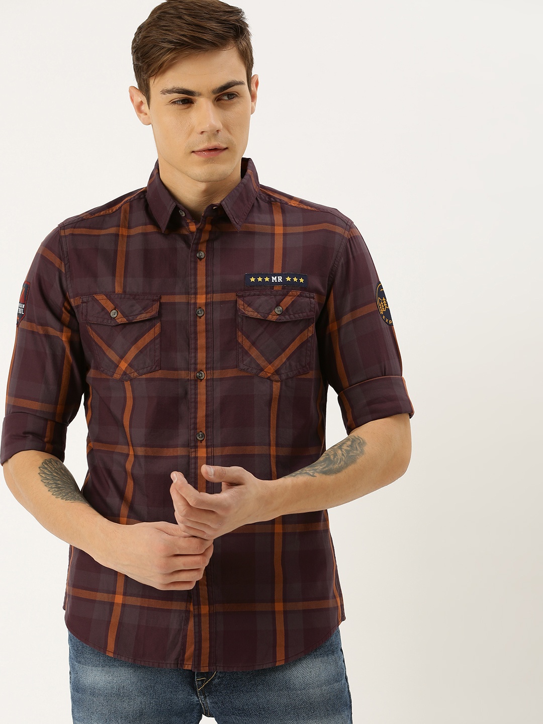 

Moda Rapido Men Maroon & Orange Slim Fit Checked Casual Shirt