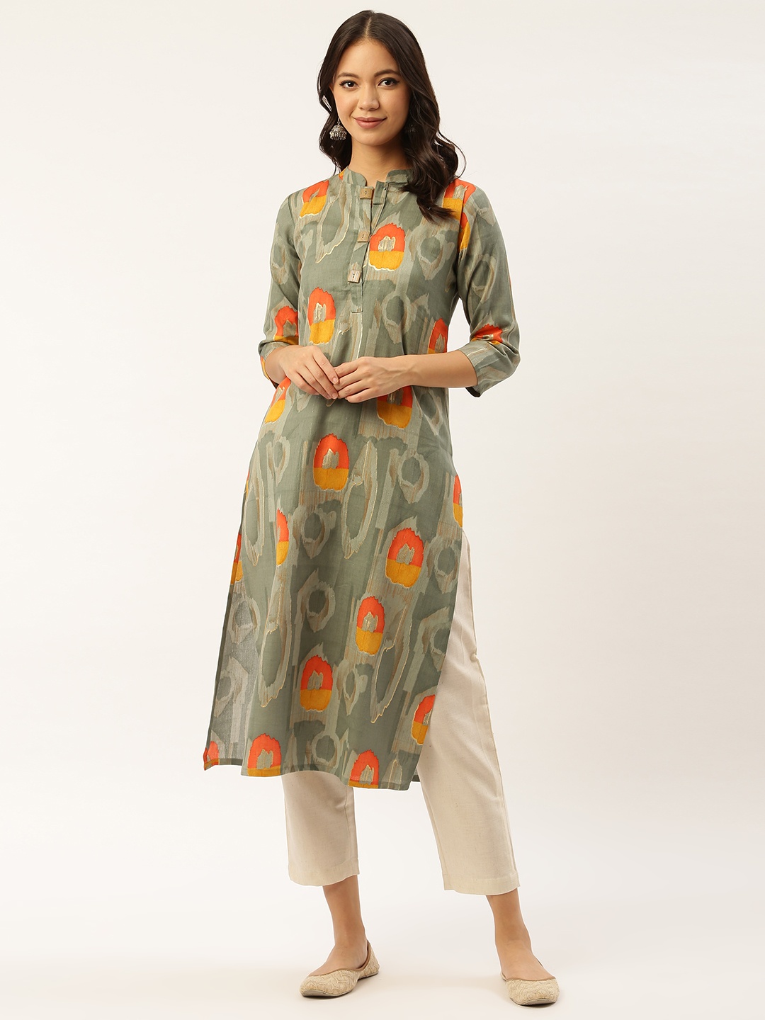 

shiloh Women Green & Off-White Printed Kurta with Trousers