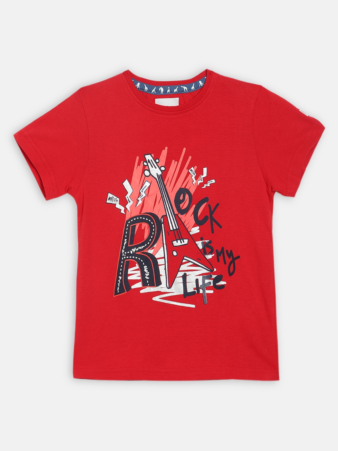 

Blue Giraffe Boys Red Printed Round Neck T-shirt