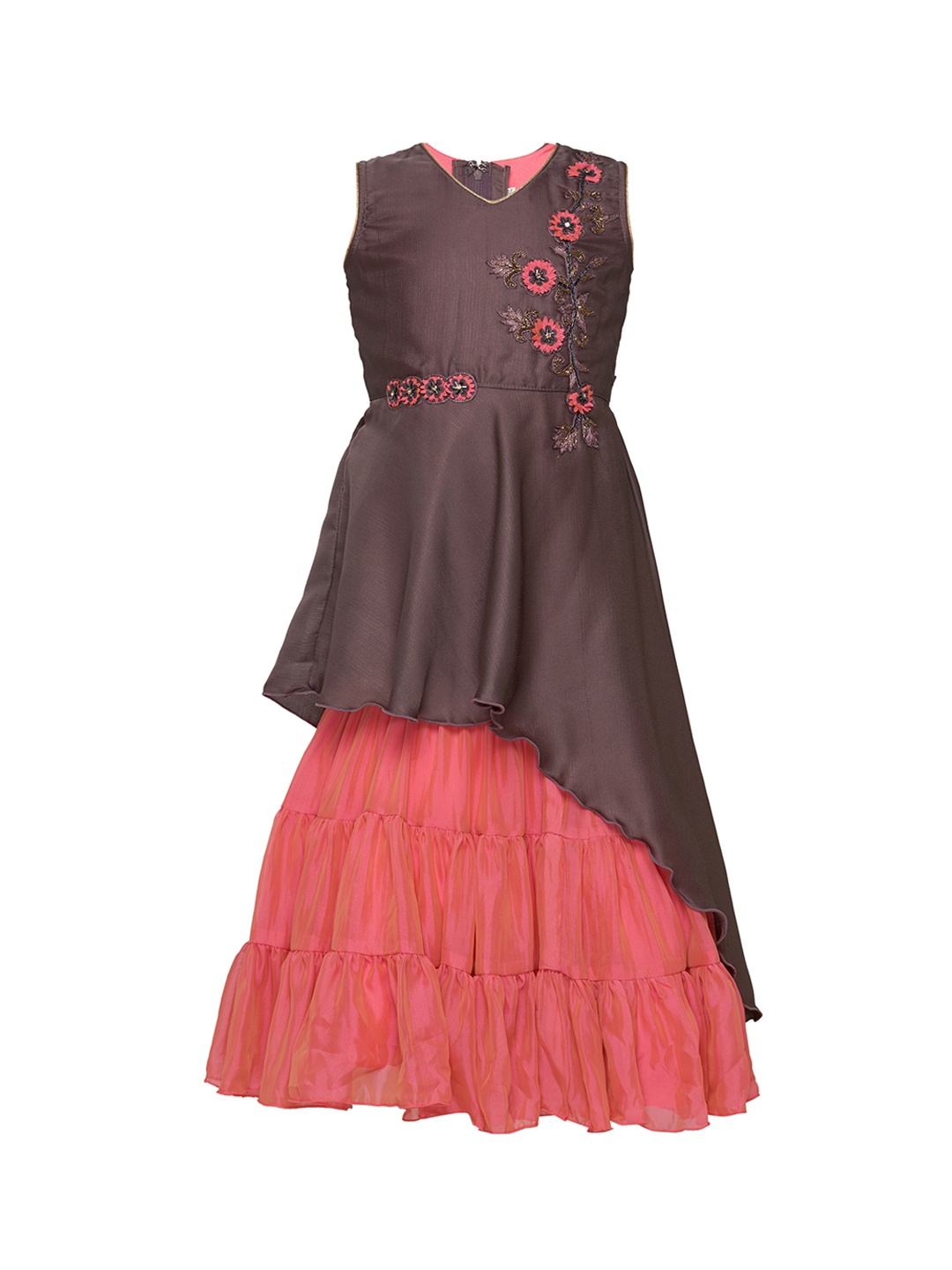 

BETTY Girls Coral Pink & Brown Embroidered Maxi Dress