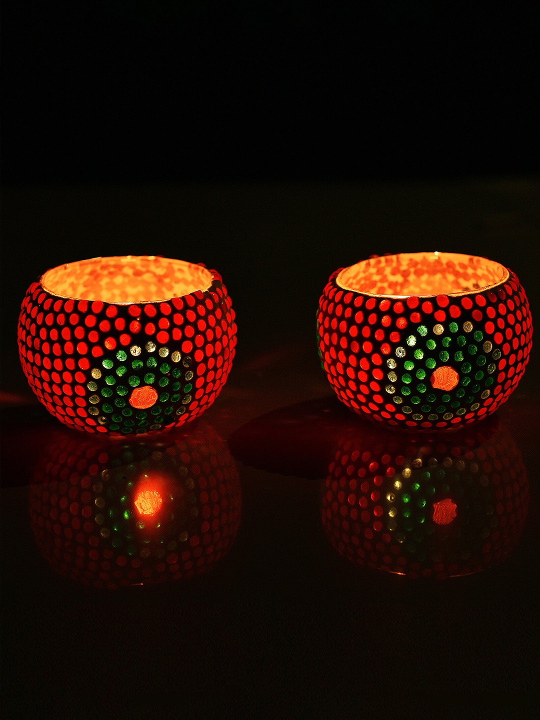 

Homesake Set of 2 Moroccan Red Glass Round Mosaic Candle Holders