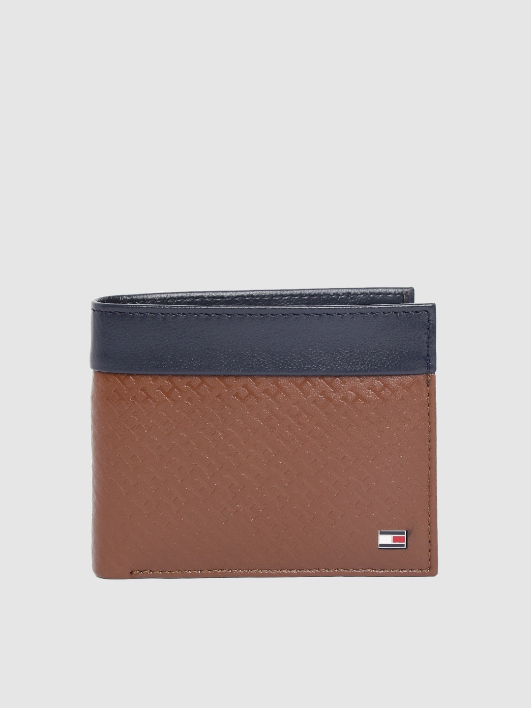 

Tommy Hilfiger Men Tan Brown & Navy Blue Textured Genuine Leather Two Fold Wallet