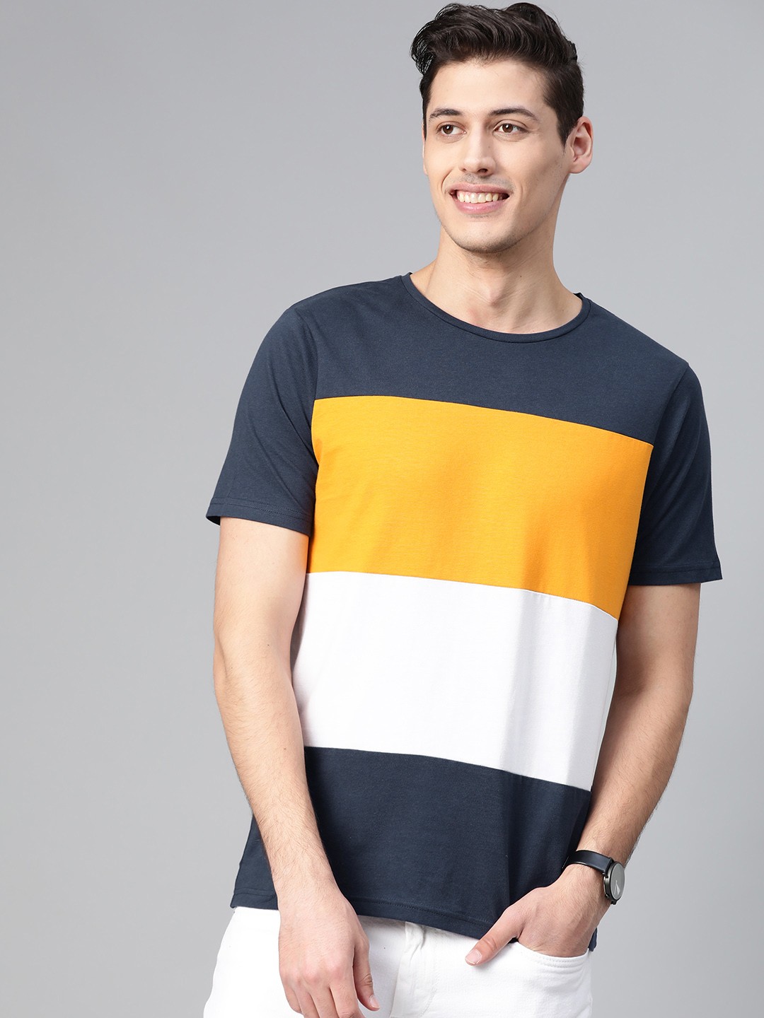 

Mast & Harbour Men Navy Blue & Mustard Yellow Colourblocked Round Neck T-shirt