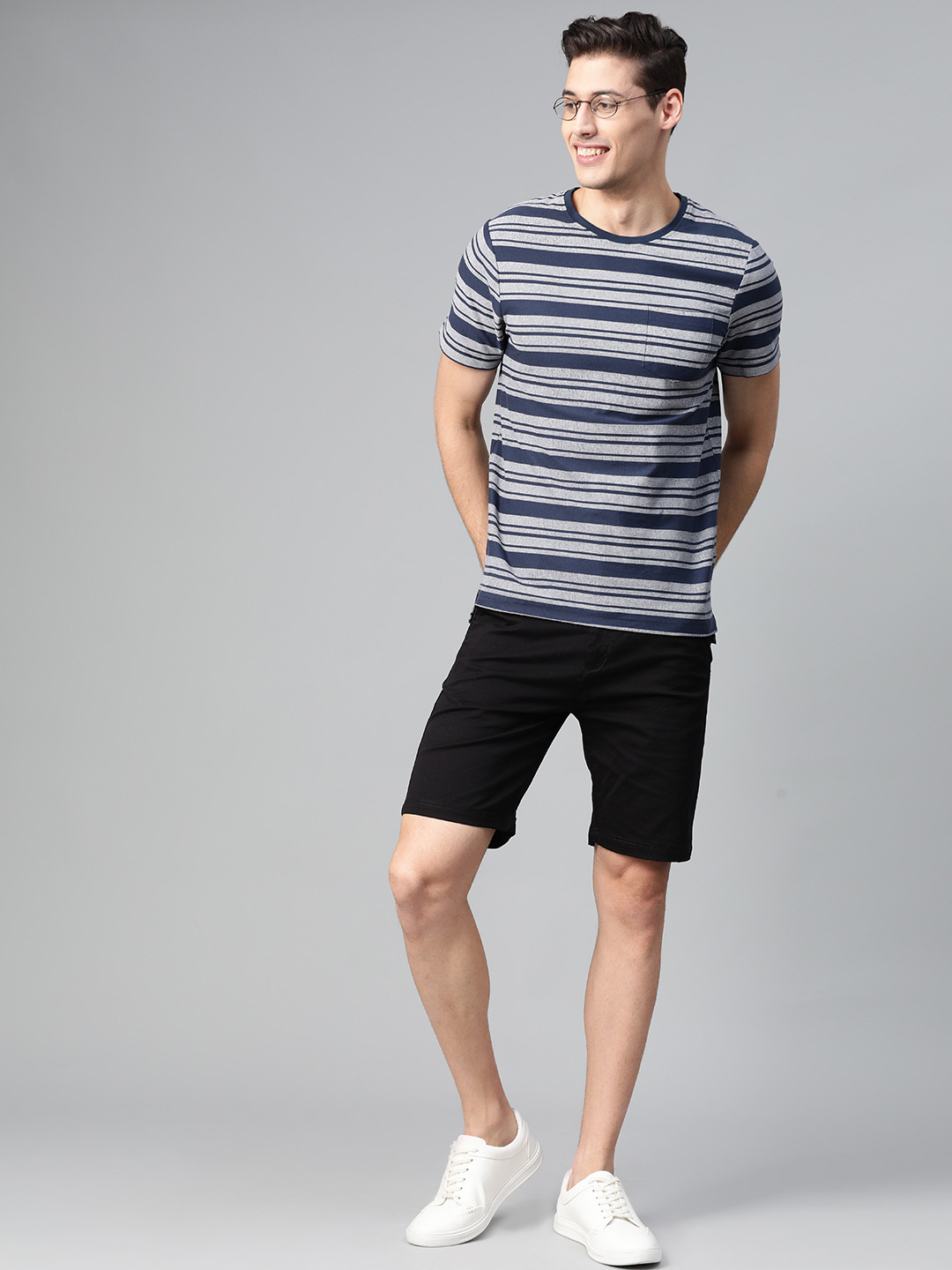

Mast & Harbour Men Grey & Navy Blue Striped Round Neck T-shirt