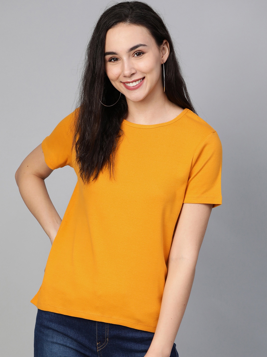 

Mast & Harbour Women Mustard Yellow Solid Round Neck T-shirt