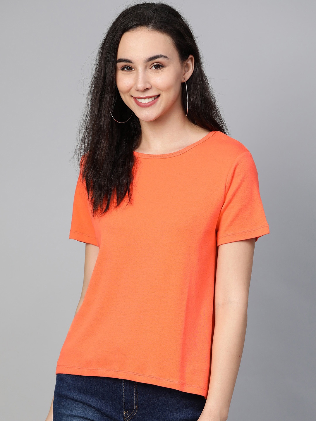 

Mast & Harbour Women Neon Orange Solid Round Neck T-shirt