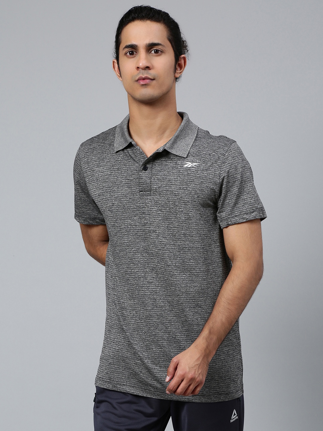

Reebok Men Charcoal Grey & Black Essentials Self-Striped Polo Collar Training T-shirt