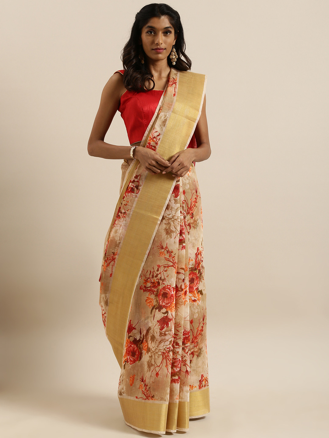 

SHANGRILA Beige & Red Linen Blend Printed Saree