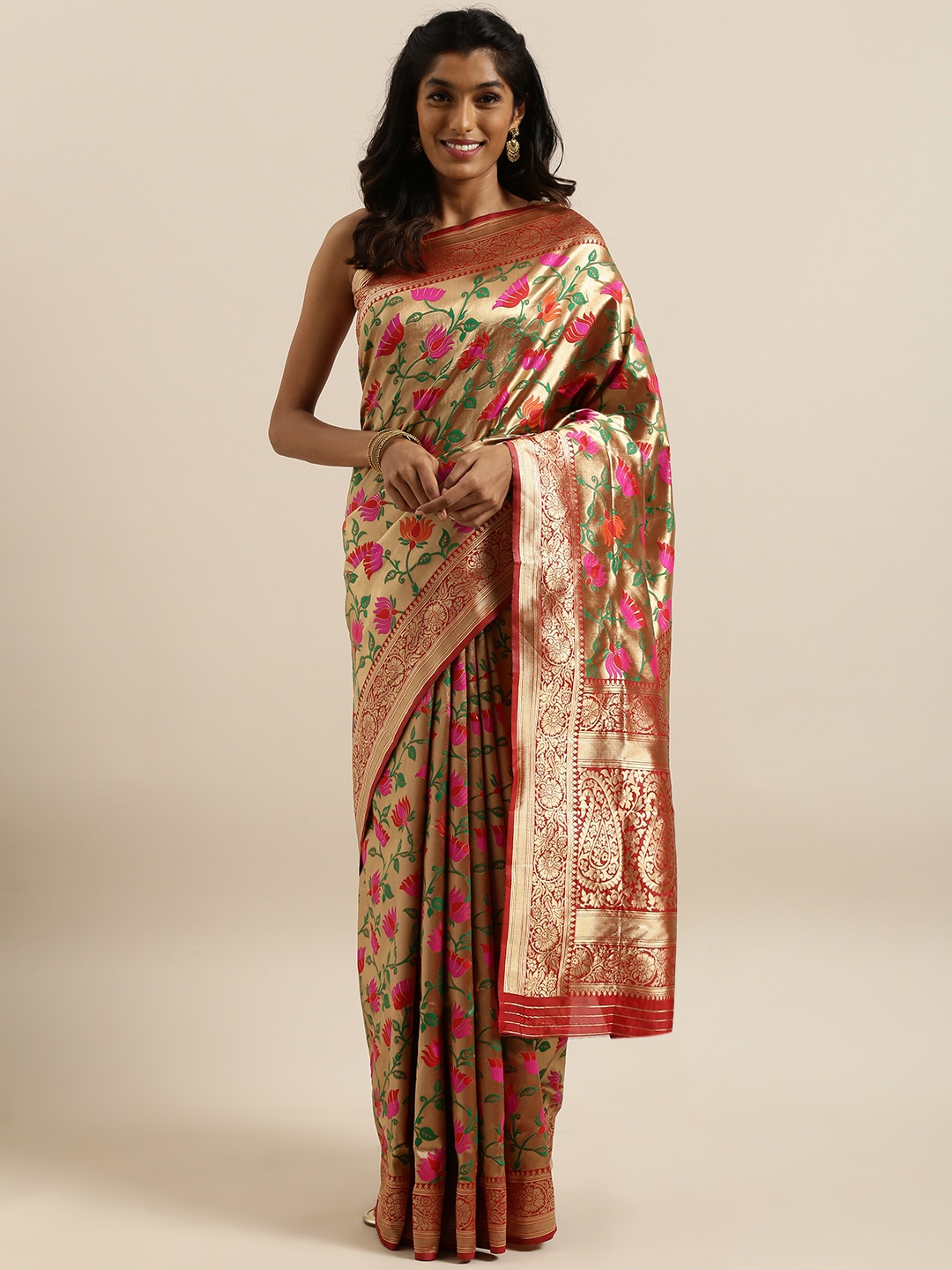 

SHANGRILA Golden & Pink Silk Blend Woven Design Paithani Saree, Gold