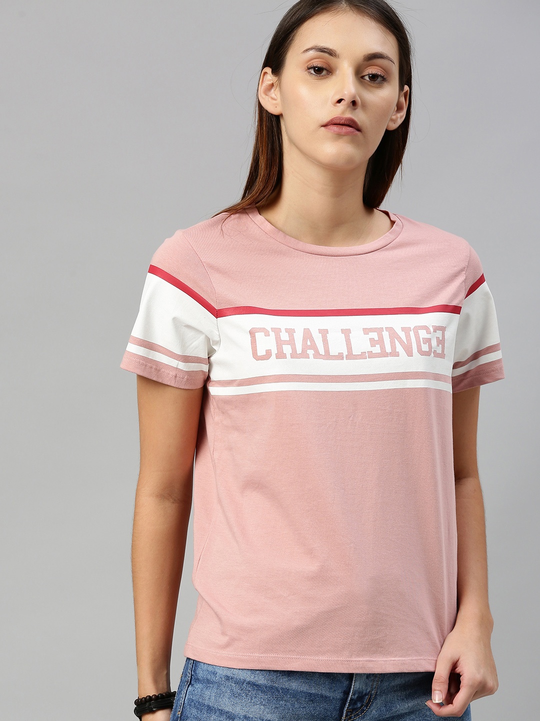 

Roadster Women Pink Printed Round Neck Pure Cotton T-shirt
