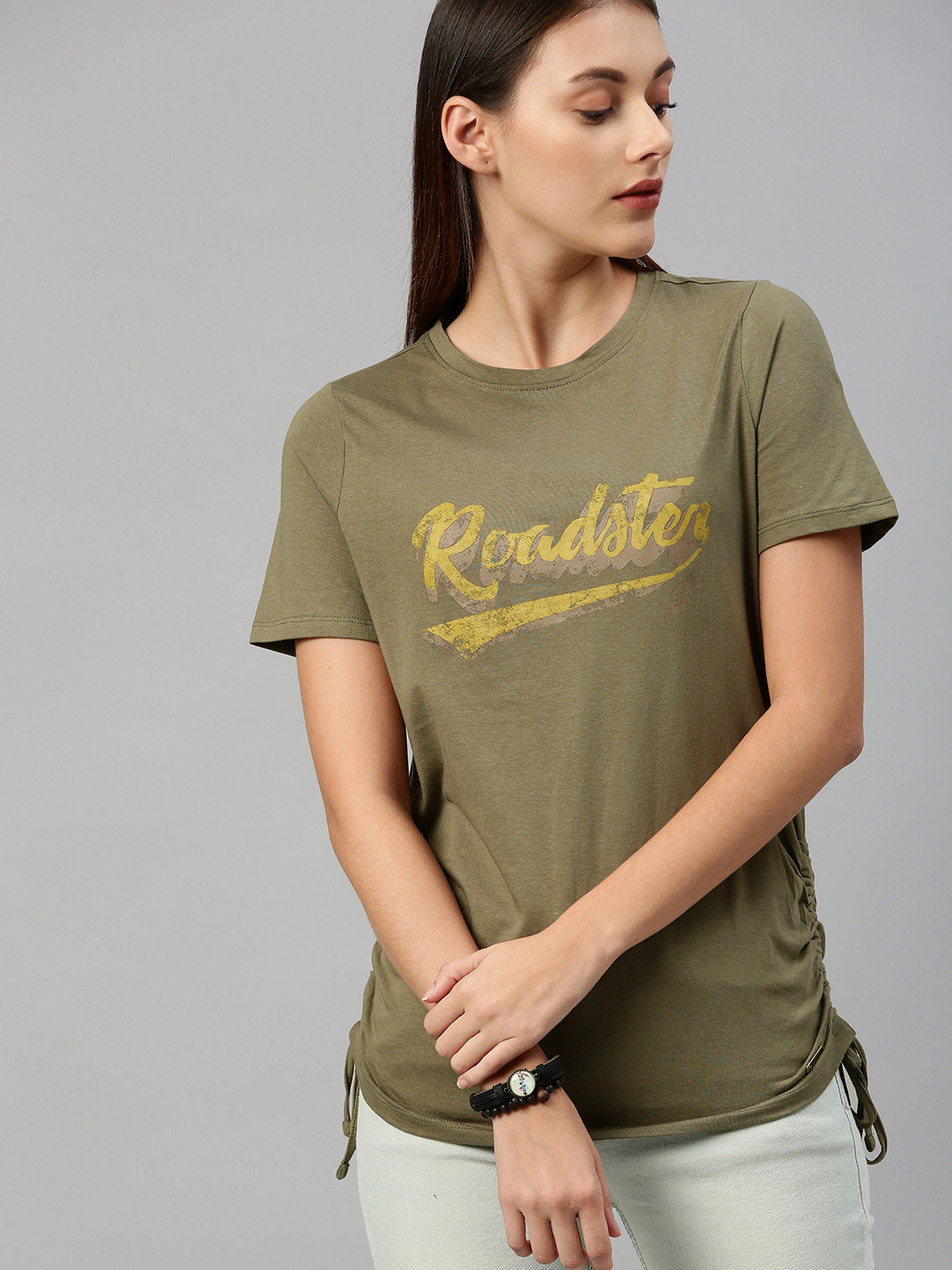 

Roadster Women Olive Green Printed Round Neck T-shirt with Drawstring Details