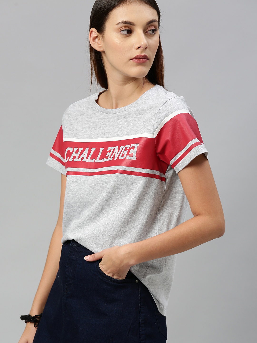 

Roadster Women Grey Melange & Red Printed Round Neck T-shirt