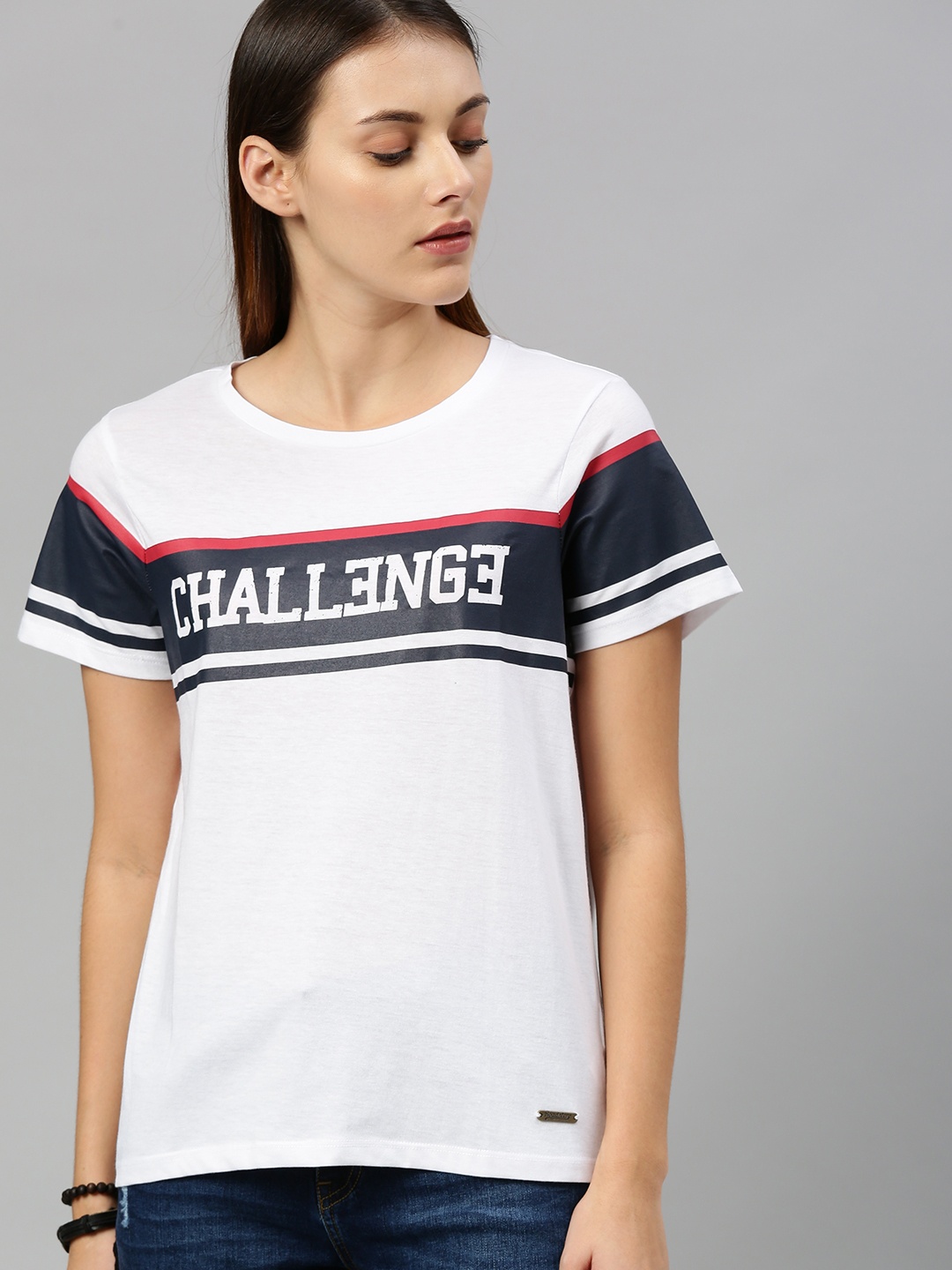 

Roadster Women White Printed Round Neck Pure Cotton T-shirt